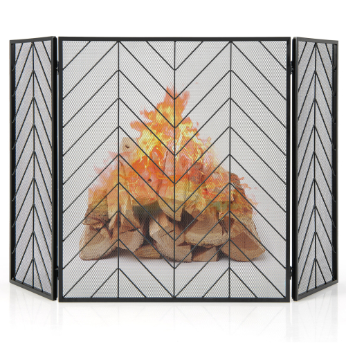 Costway 3-Panel Fireplace Screen Foldable Wrought Metal Iron Mesh Fire Spark Guard