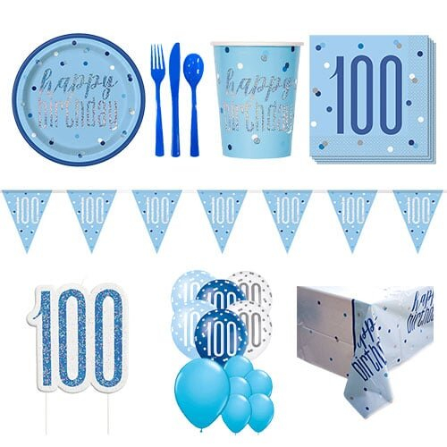 Blue Glitz 100th Birthday 16 Person Deluxe Party Pack