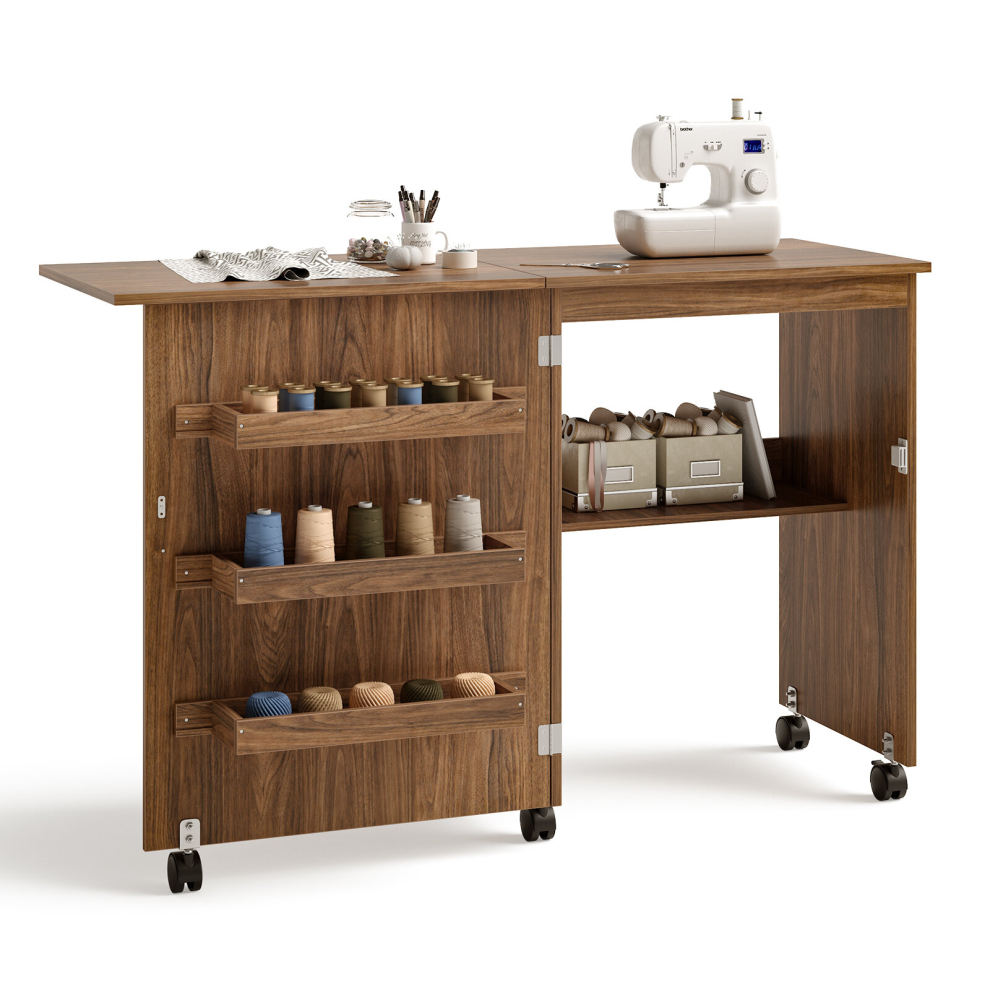 Folding Sewing Table 2 IN 1 Rolling Craft Table Home Office Desk Workstation