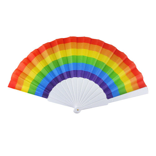 Gay Pride LGBTQ+ Rainbow Stripe Folding Plastic Fan with White Handle