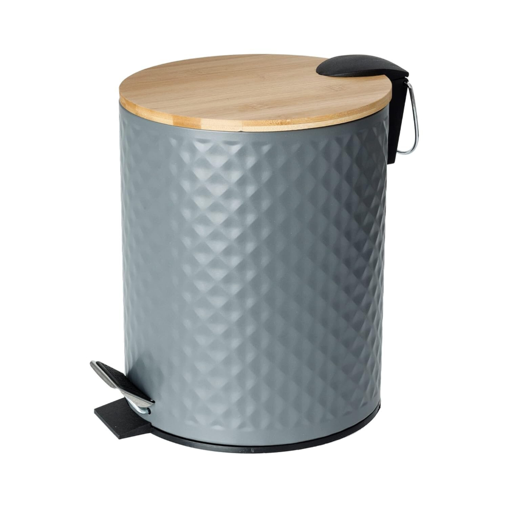 Bamboo Lid Pedal Bin Modern 5L Bin for Kitchen, Bathroom, Bedroom, Anti-Fingerprint Outer Finish Stainless Steel Bin Round Waste Bin| Grey & Bamboo