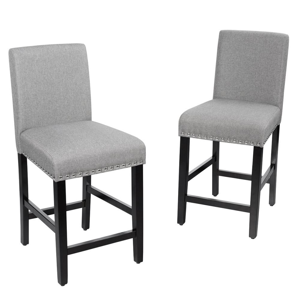 Set of 2 Bar Stools Counter Height Chair Upholstered W/ Low Backrest Wide Seat