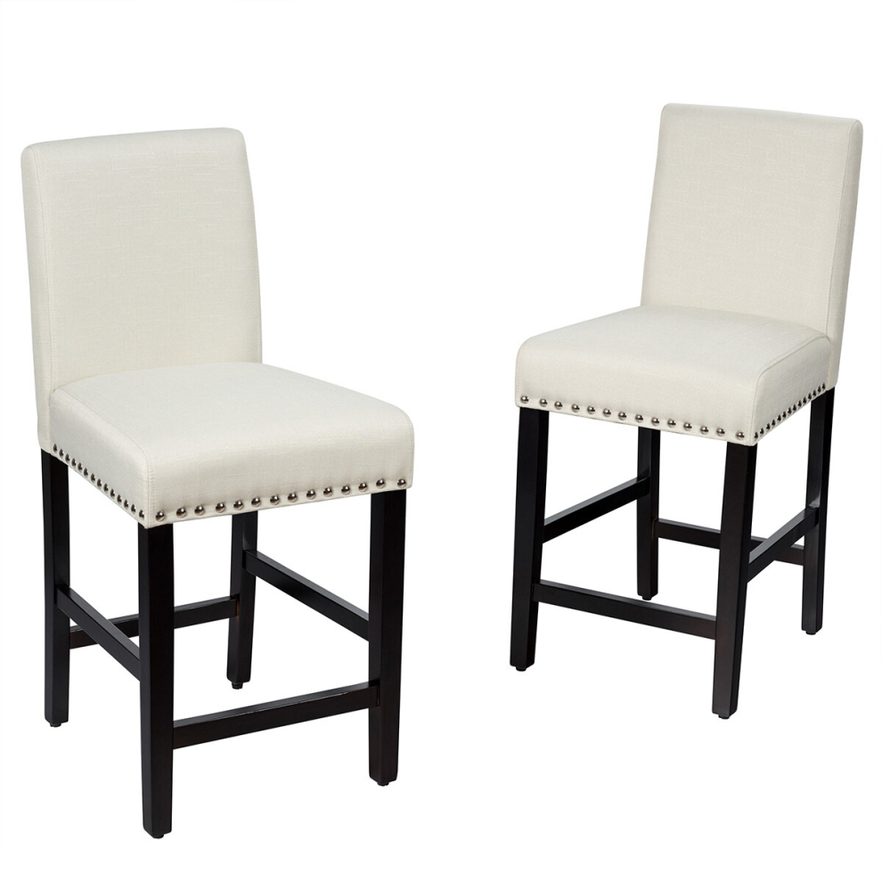 Set of 2 Bar Stools Counter Height Chair Upholstered W/ Low Backrest Wide Seat