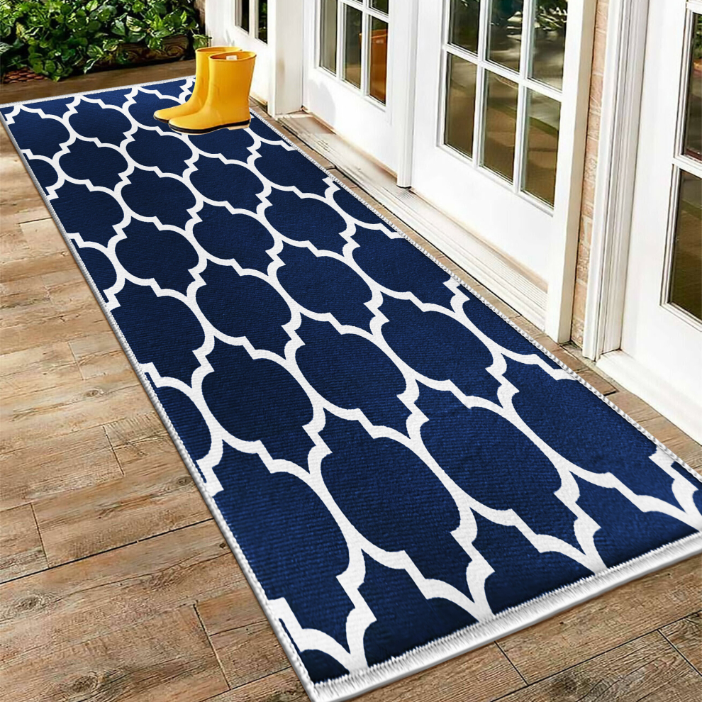 (AVA NAVY, 60cm x 220cm (2ft x 7ft 7")- Runner Rug) Non Slip Area Rugs Printed Geometric Carpets Mats