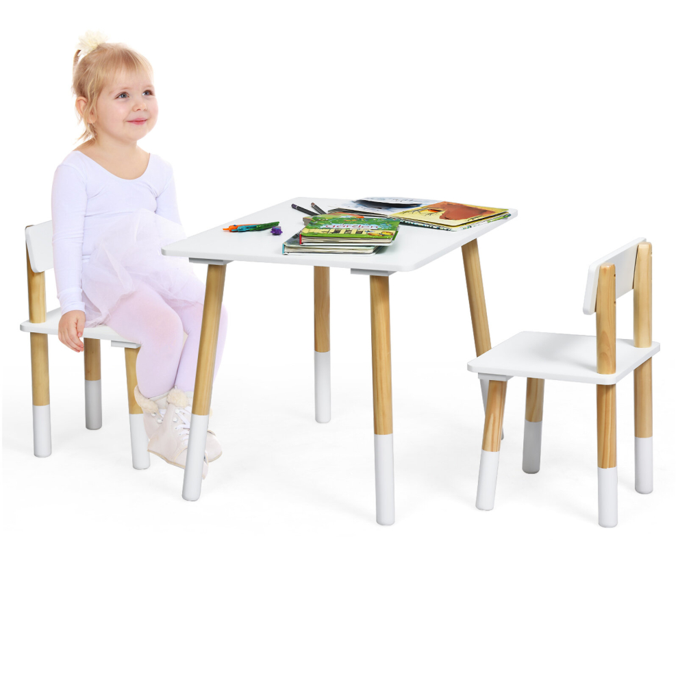 Children's Table & 2 Chairs Set Wooden Kids Table Chair Set w/ Non-slip Foot Pads