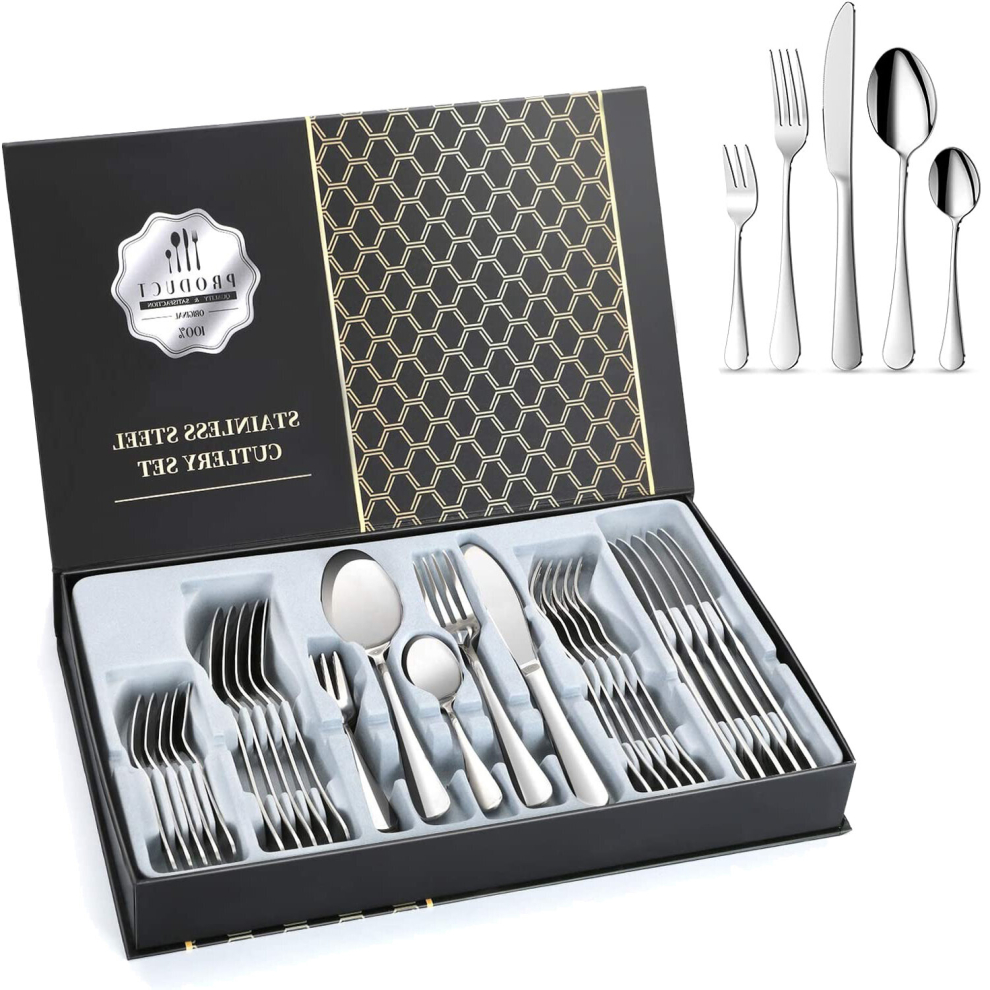 Cutlery Set, 24-Piece Stainless Steel Flatware Service, Boxed Ware Set For 6 People Silver