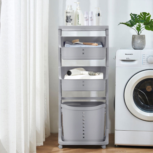 Living And Home 4-Tier Storage Rack Laundry Basket with Wheels
