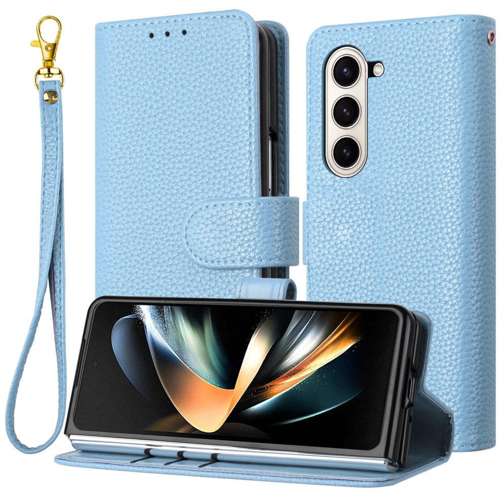 For Samsung Galaxy Z Fold5 Case, Litchi Grain PU Leather Folio Cover Magnetic Closure Flip Wallet Card Slots Stand Case With Hand Strap,Blue