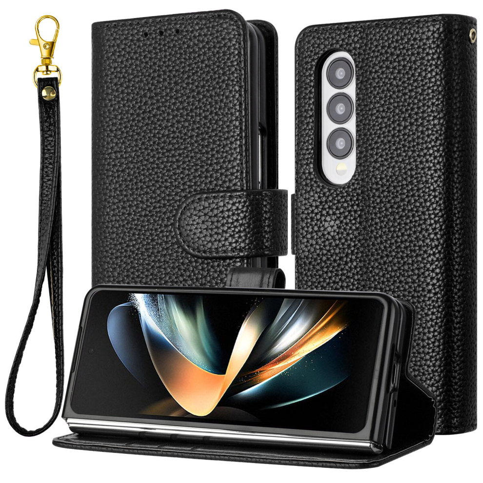 For Samsung Galaxy Z Fold4 Case, Litchi Grain PU Leather Folio Cover Magnetic Closure Flip Wallet Card Slots Stand Case With Hand Strap,Black