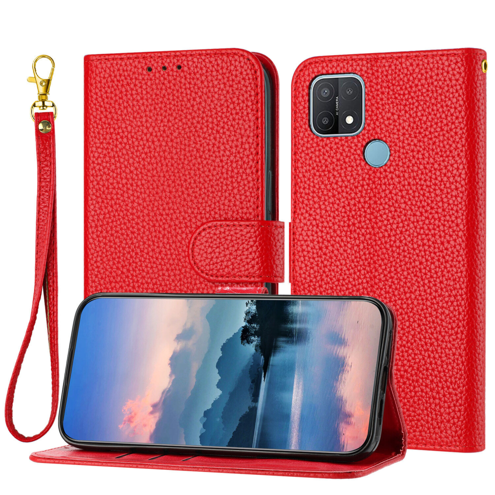 For Oppo A15 /A15S/ A35 Case, Litchi Grain PU Leather Folio Cover Magnetic Closure Flip Wallet Card Slots Stand Case With Hand Strap,Red