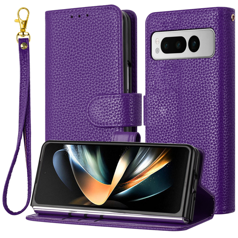 For Google Pixel Fold Case, Litchi Grain PU Leather Folio Cover Magnetic Closure Flip Wallet Card Slots Stand Case With Hand Strap,Purple