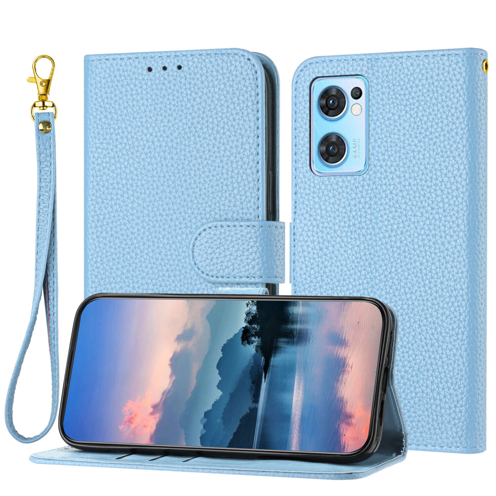 For Oppo Find X5 Lite /Reno 7 5G Case, Litchi Grain PU Leather Folio Cover Magnetic Closure Flip Wallet Card Slots Stand Case With Hand Strap,Blue