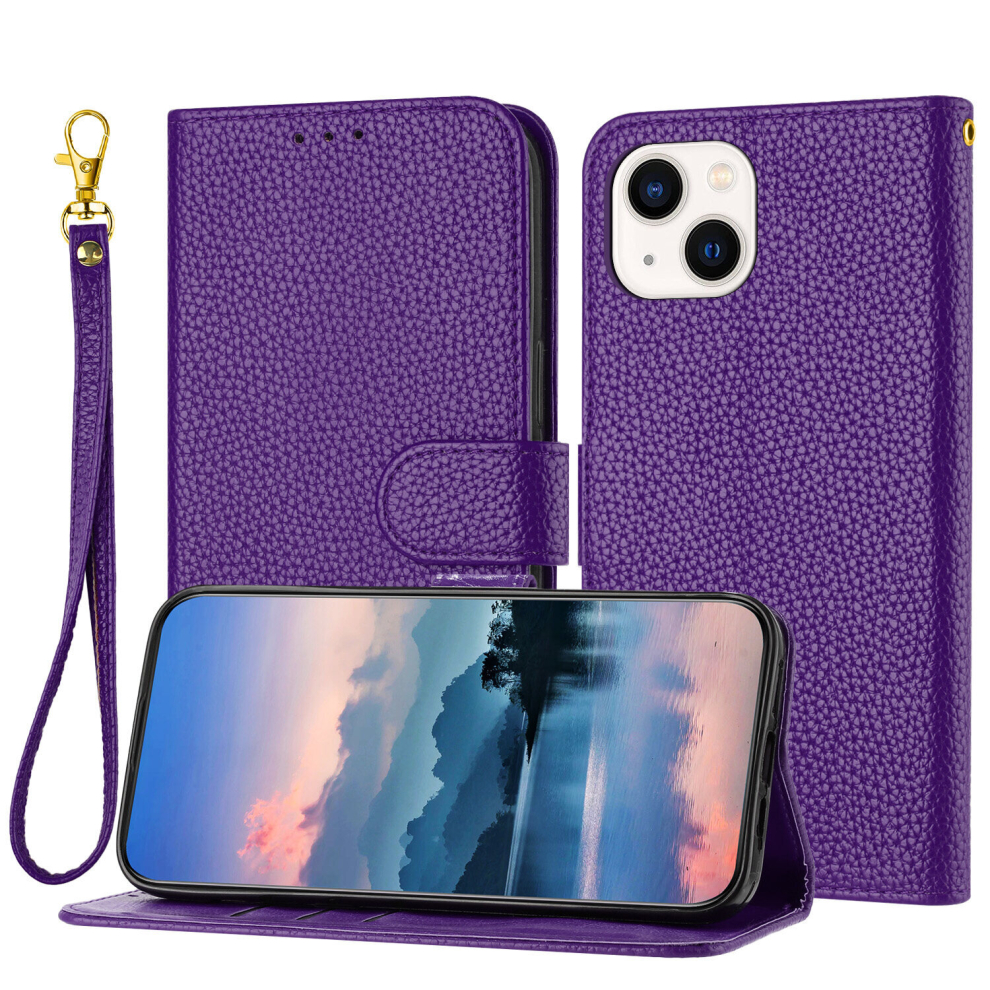 For iphone 13 Case, Litchi Grain PU Leather Folio Cover Magnetic Closure Flip Wallet Card Slots Stand Case With Hand Strap,Purple