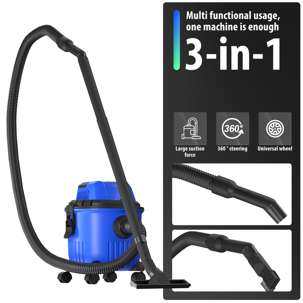 Wet and Dry Vacuum Cleaner 800W 15L 17Kps Capacity 3 In 1 Function for Home Workshop Garage Carpet Upholster Cleaner