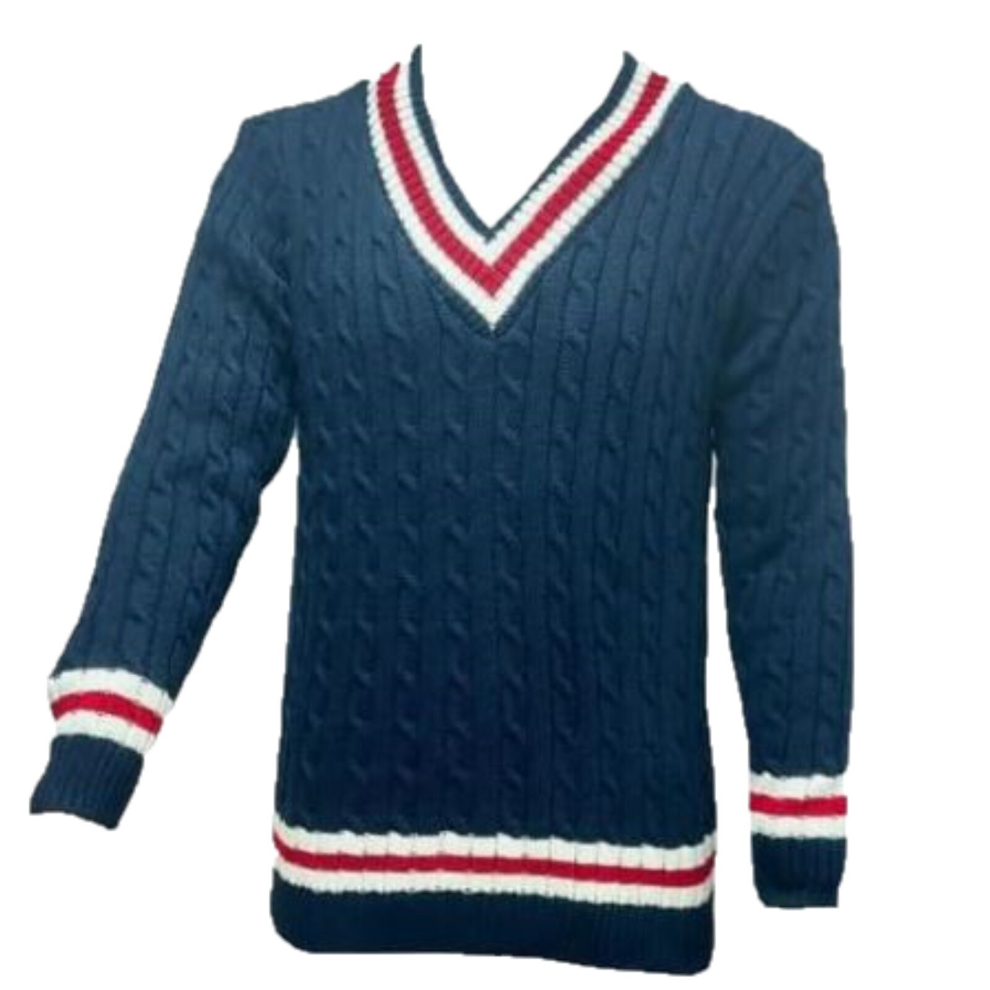 (Navy, XL) Men Long Sleeve Stripe Cable Knited Cricket Jumper