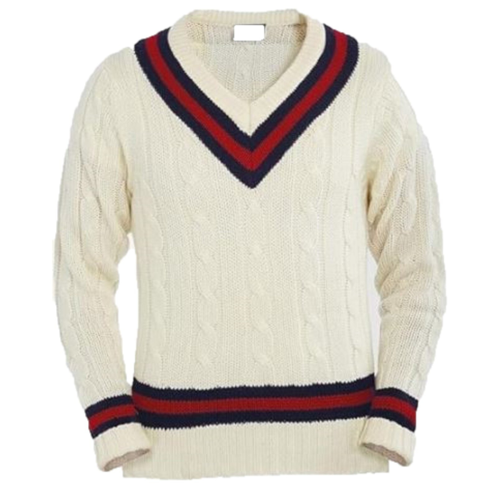 (Cream, S) Men Long Sleeve Stripe Cable Knited Cricket Jumper