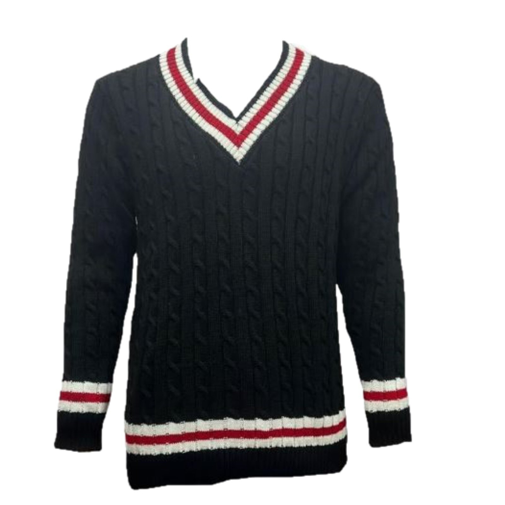 (Black, M) Men Long Sleeve Stripe Cable Knited Cricket Jumper