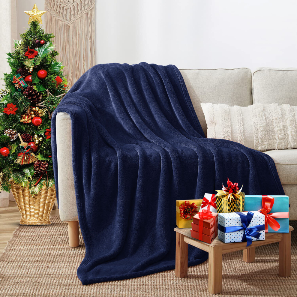 (Navy/ Blue- Fleece Blankets Throw) Large Fleece Blankets Faux Fur Warm Sofa Bed Throw