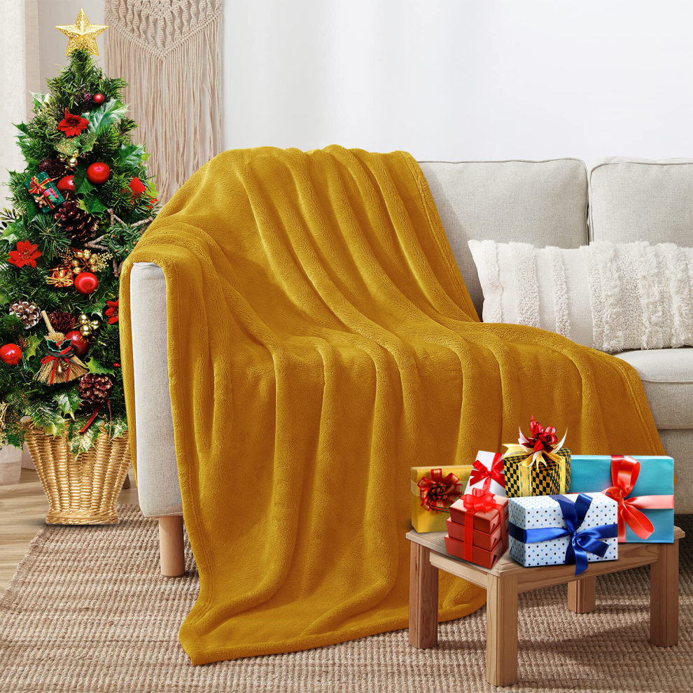 (Ochre/ Yellow- Fleece Blankets Throw) Large Fleece Blankets Faux Fur Warm Sofa Bed Throw