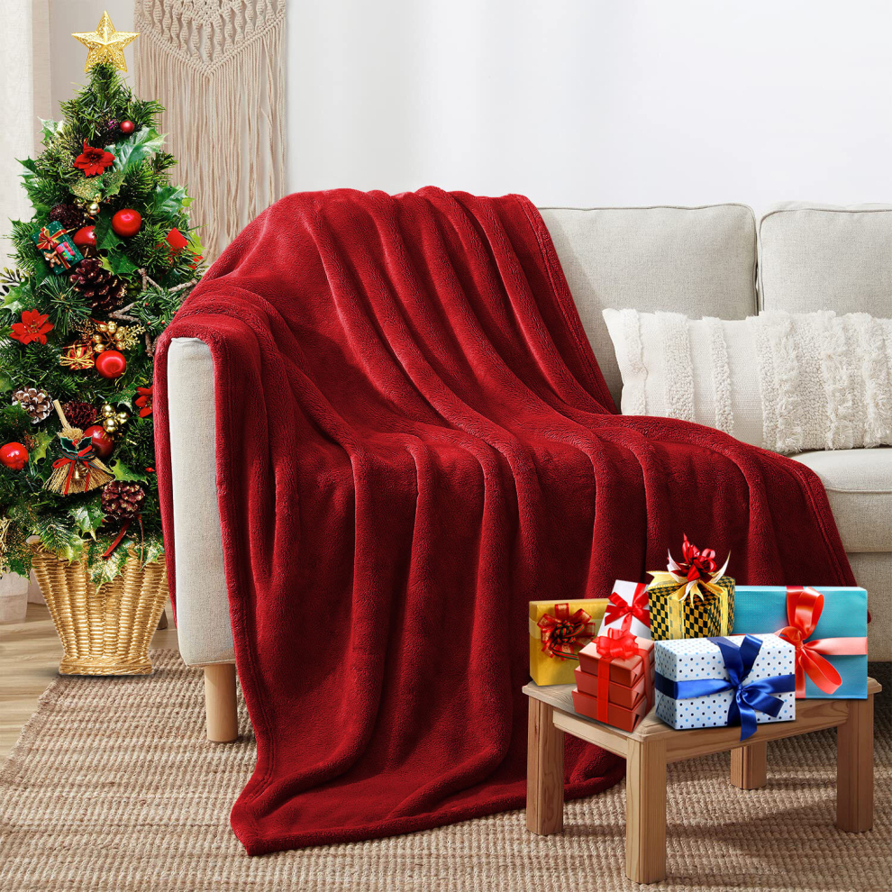 (Red/ Burgundy- Fleece Blankets Throw) Large Fleece Blankets Faux Fur Warm Sofa Bed Throw