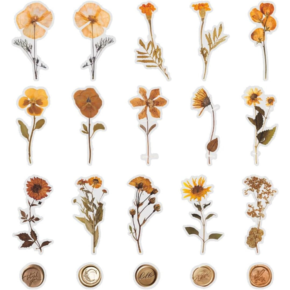 Tianci 40Pcs Dried Flower Wax Seal Sticker Transparent Flower Vinyl Sticker Waterproof Scrapbook Crafts Wall Water Bottle Envelope Computer Suitcase Orange