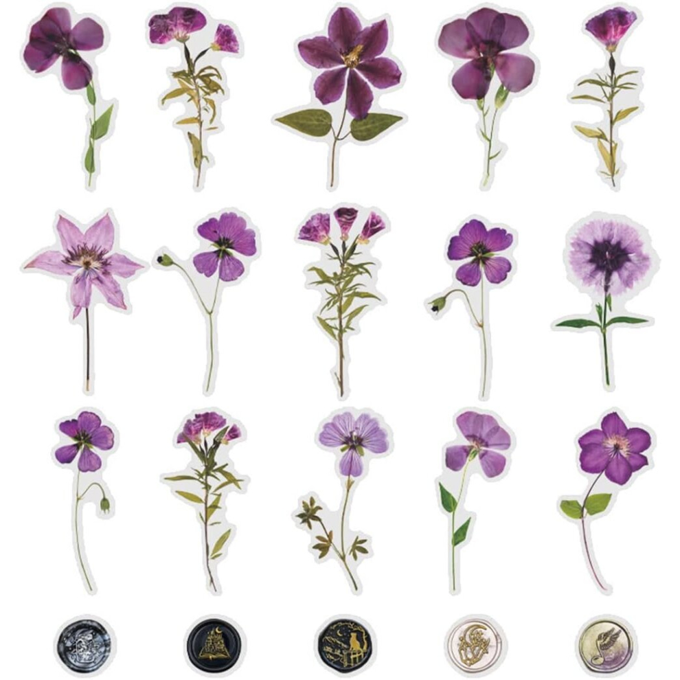 40pcs purple dried flower wax seal sticker transparent flower vinyl sticker waterproof book crafts wall water bottle envelope car computer suitcase