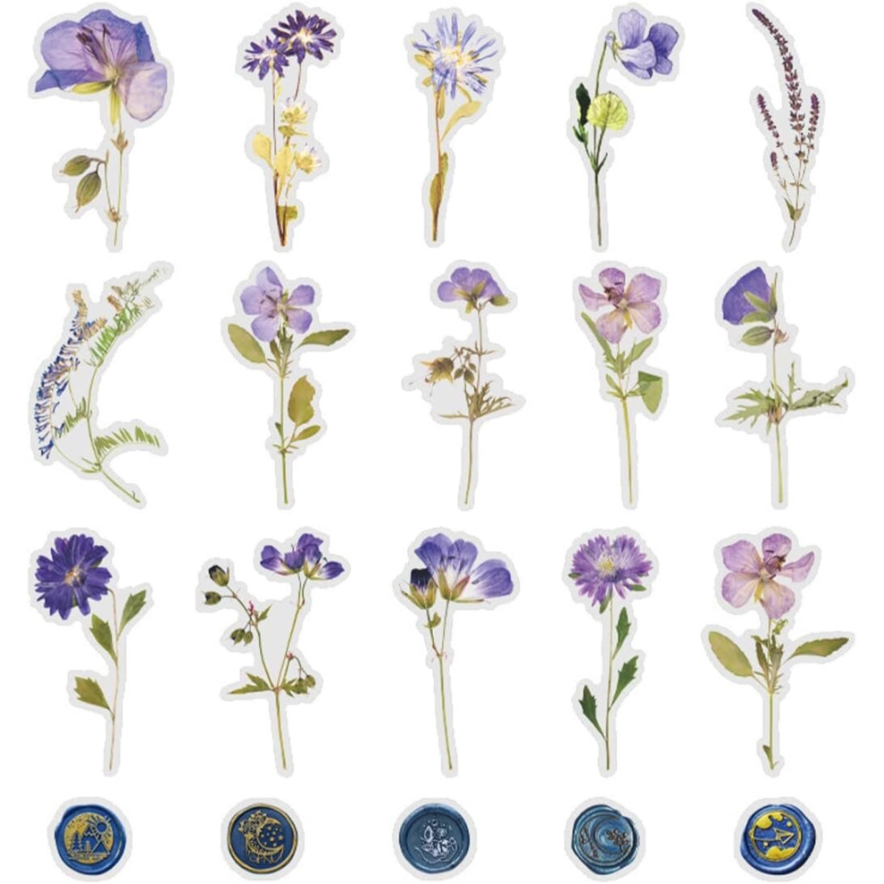 Tianci 40Pcs Dried Flower Wax Seal Sticker Transparent Flower Vinyl Waterproof Scrapbook Crafts Wall Water Bottle Envelope Computer Suitcase Blue