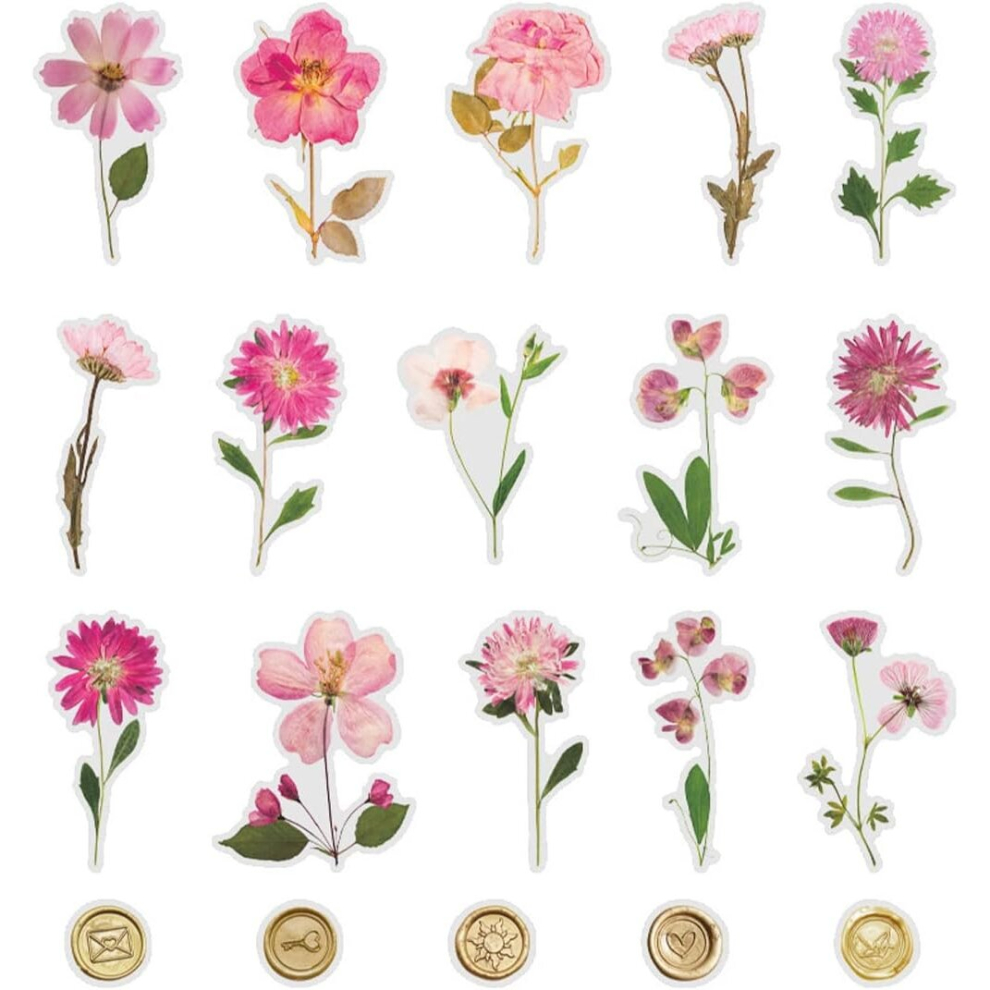 Tianci 40Pcs Dried Flower Wax Seal Sticker Transparent Flower Vinyl Sticker Waterproof Scrapbook Crafts Wall Water Bottle Envelope Car Suitcase Pink
