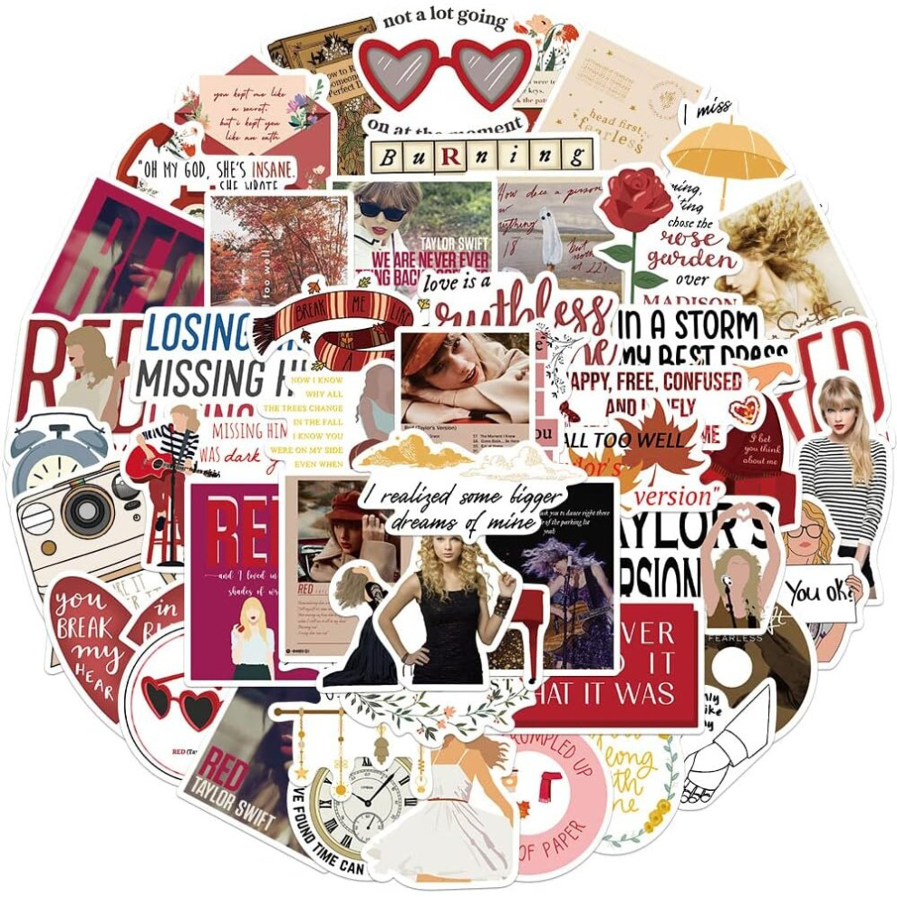 Tianci 50Pcs Fearless Taylor Stickers, Cool Trendy Country Singer Vinyl Decals For Teens Phone Guitar Laptop Luggage Notebook Journal Skateboard Bumper Red