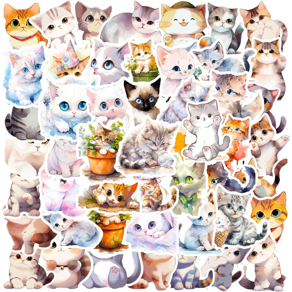 Tianci Kawaii Graffiti Cat Sticker 50Pcs Beautiful Waterproof Watercolor Vinyl Graffiti Sticker Diary Guitar Car Hydrofoil Skateboard Suitcase Computer
