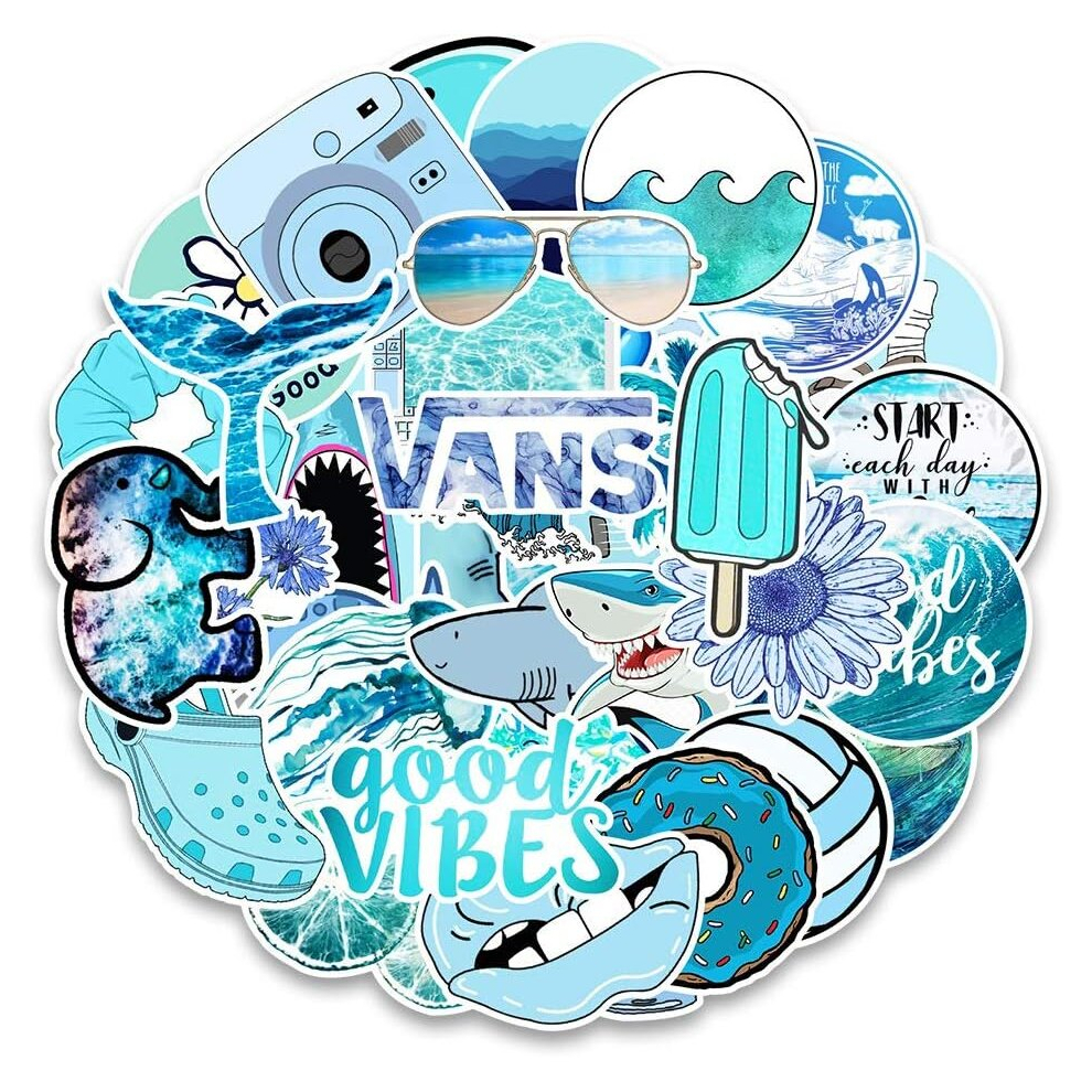 53 Pcs Sky Blue Style Vinyl Stickers,Waterproof Water Bottle Stickers for Laptop Scrapbook Skateboard Luggage Helmet for Kids Teens Women Men Girls