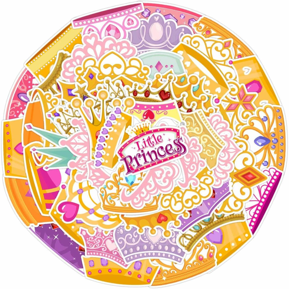 Tianci 50Pcs Cartoon Princess Crown Stickers, Waterproof Vinyl For Water Bottles,Laptops,Phones,Scrapbooking,Journaling,Mug Decals-Perfect Party Favors