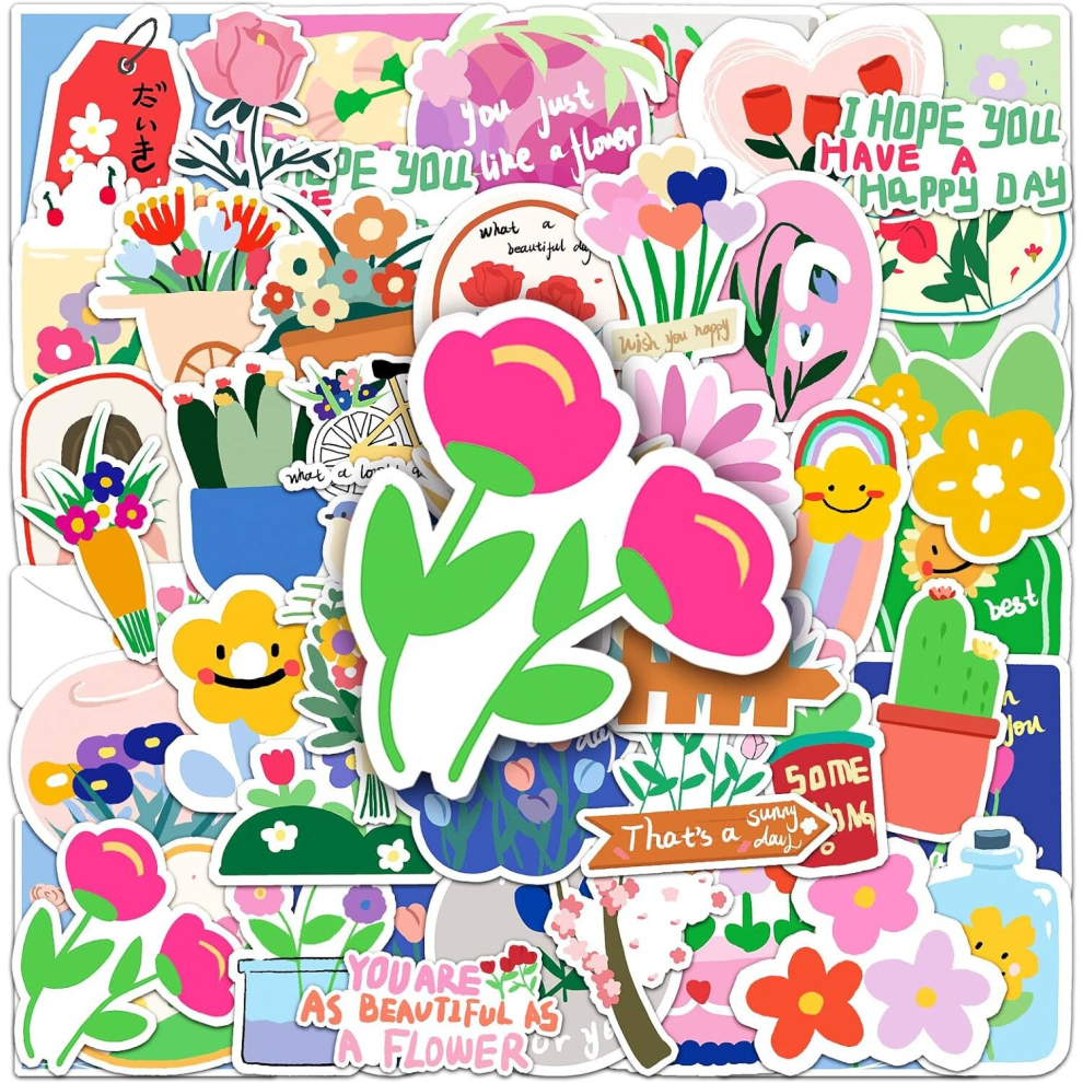 50PCS Flower Cartoon Plant Stickers PVC Waterproof Stickers,Water Bottles Vinyl Stickers for Laptop ,Skateboard,Luggage Dec ,Motorcycle,Bicycle