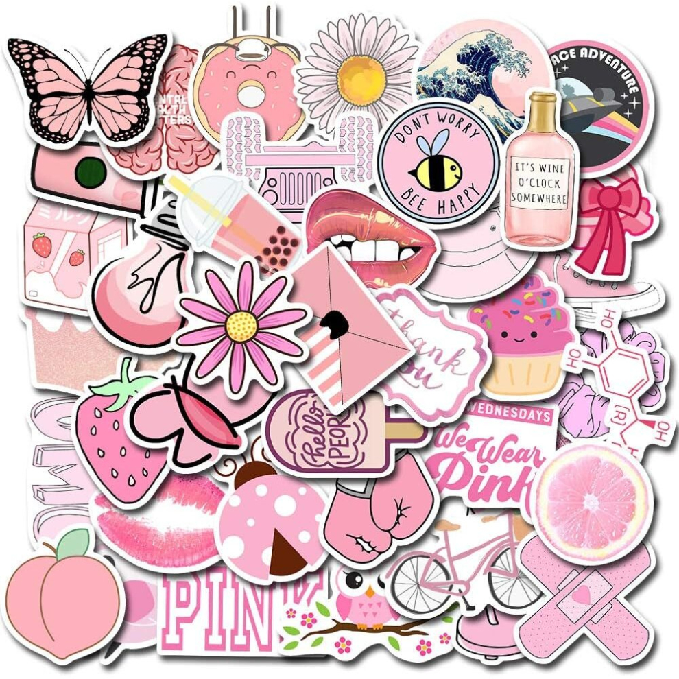 50PCS Cute Preppy Pink Stickers - Waterproof Vinyl Aesthetic Stickers for Water Bottles,Laptop,Scrapbooking,Phone,Girls,Teens