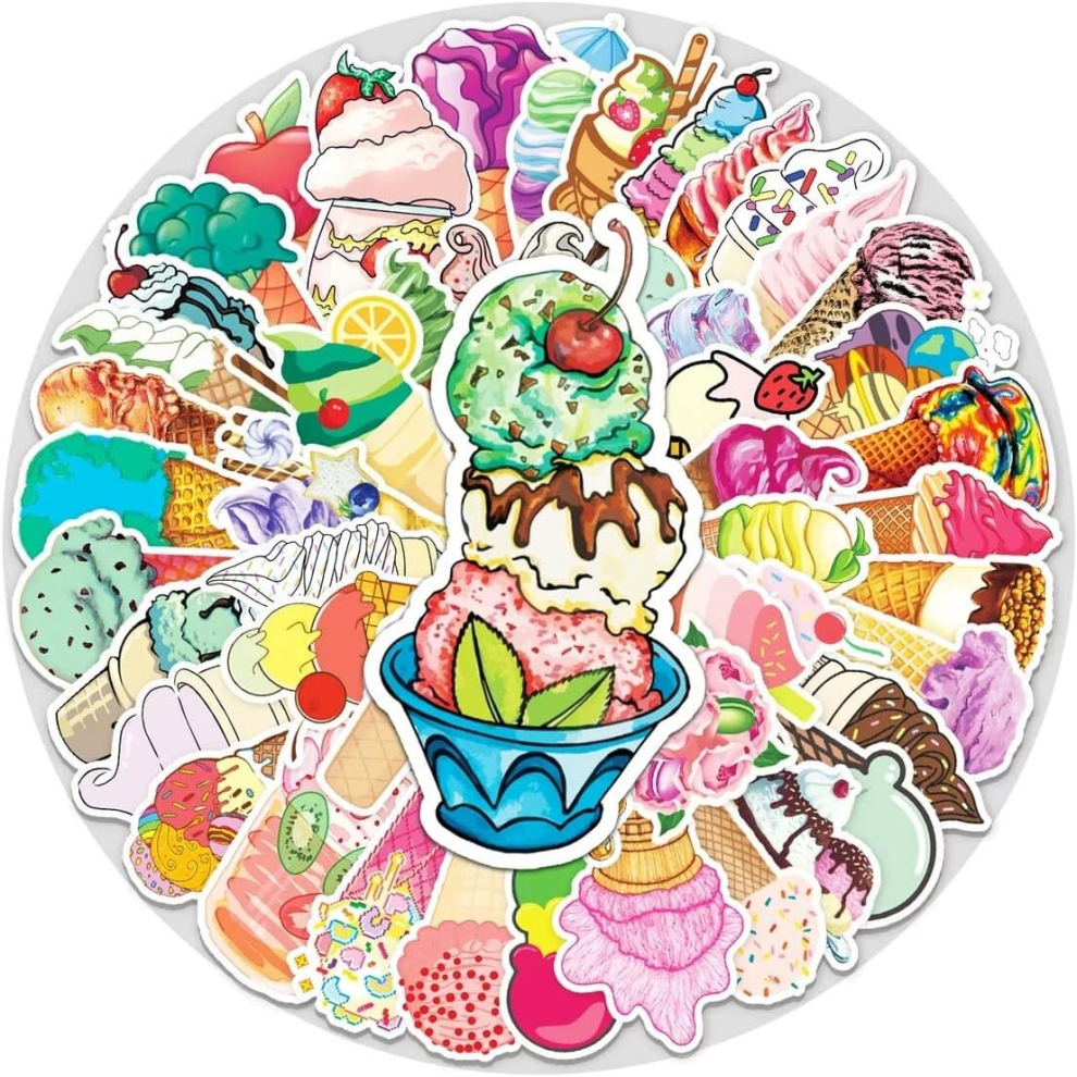 50 Piece Ice Cream Stickers Cute Summer Dessert Waterproof Vinyl Phone Water Bottle Skateboard Guitar Scrapbook Aesthetic Stickers Kids Teen Adult
