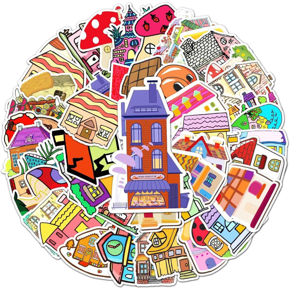 Tianci 50Pcs Cartoon Houses And Castles Stickers, Vinyl Mushroom Stickers For Water Bottles,Laptops,Phones,Scrapbooking,Journaling, Mug Decalsparty Favors