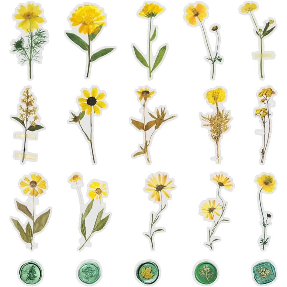 Tianci 40Pcs Dried Flower Wax Seal Sticker Transparent Flower Vinyl Sticker Waterproof Scrapbook Crafts Wall Water Bottle Envelope Computer Suitcase Yellow