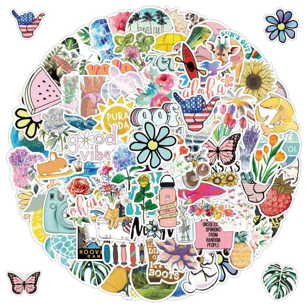 100PCS Water Bottle Stickers, Cute Stickers for Water Bottles, Vinyl Waterproof Cute Aesthetic Beach Flower, Laptop Phone Skateboard Stickers
