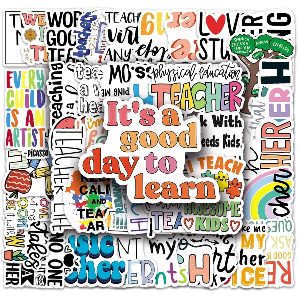 100 PCS Teacher Stickers, Vinyl Waterproof Teachers Day Gift Card Stickers for Water Bottles, Laptop, Notebook, Cell Phone, Luggage
