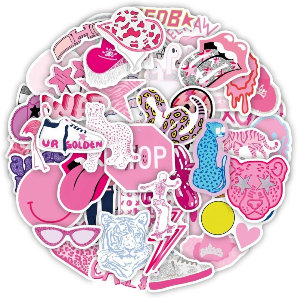 Pink Preppy Stickers for Water Bottle,50PCS Kawaii Vinyl Sticker for Laptops Scrapbook Skateboards Notebook,Teens Adults Cute Cartoon Gifts Sticker