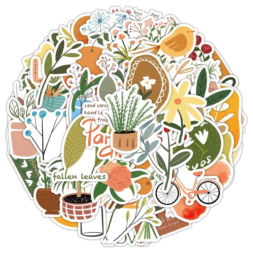 Tianci 60Pcs Aesthetic Stickers For Water Bottle, Waterproof Plant Stickers Pack For Laptop Scrapbooking Skateboard, Vintage Vinyl Stickers Decals