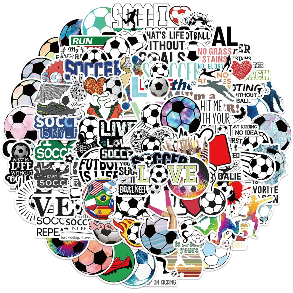 Tianci 100Pcs Soccer Stickers Vinyl Waterproof Stickers For Water Bottles, Luggage, Teaching Incentives, Soccer Team Gifts For Soccer Lovers Party Favors