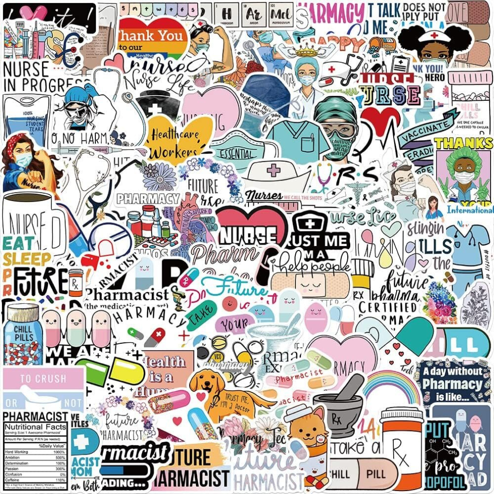 100 Pcs Nurse Pharmacy Stickers,Doctor Nursing Waterproof Vinyl Stickers for Water Bottles Laptop Clipboard Notebooks Binders,Prizesor Gifts