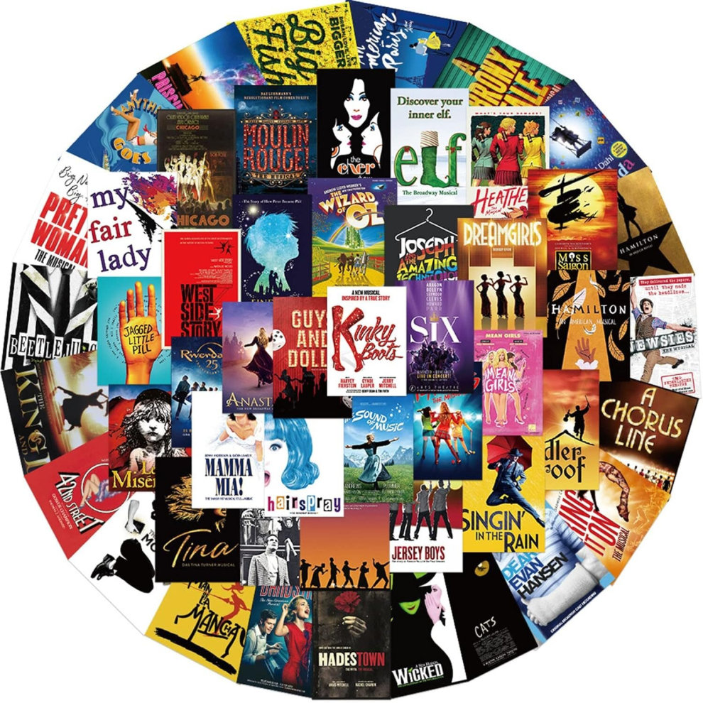 50pcs Musical Broadway Poster Stickers for Laptop,Waterproof Vinyl Decals for Water Bottles Scrapbook Guitar Phone Skateboard Luggage Bike Bumper