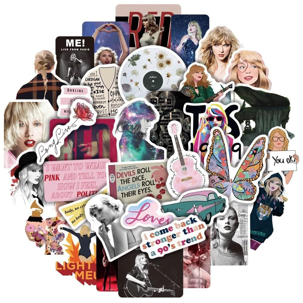 50pcs Taylor Stickers for Water Bottles, Trendy Country Singer Vinyl Decals for Teens Laptop Phone Luggage Guitar Notebook Journal Skateboard Bumper