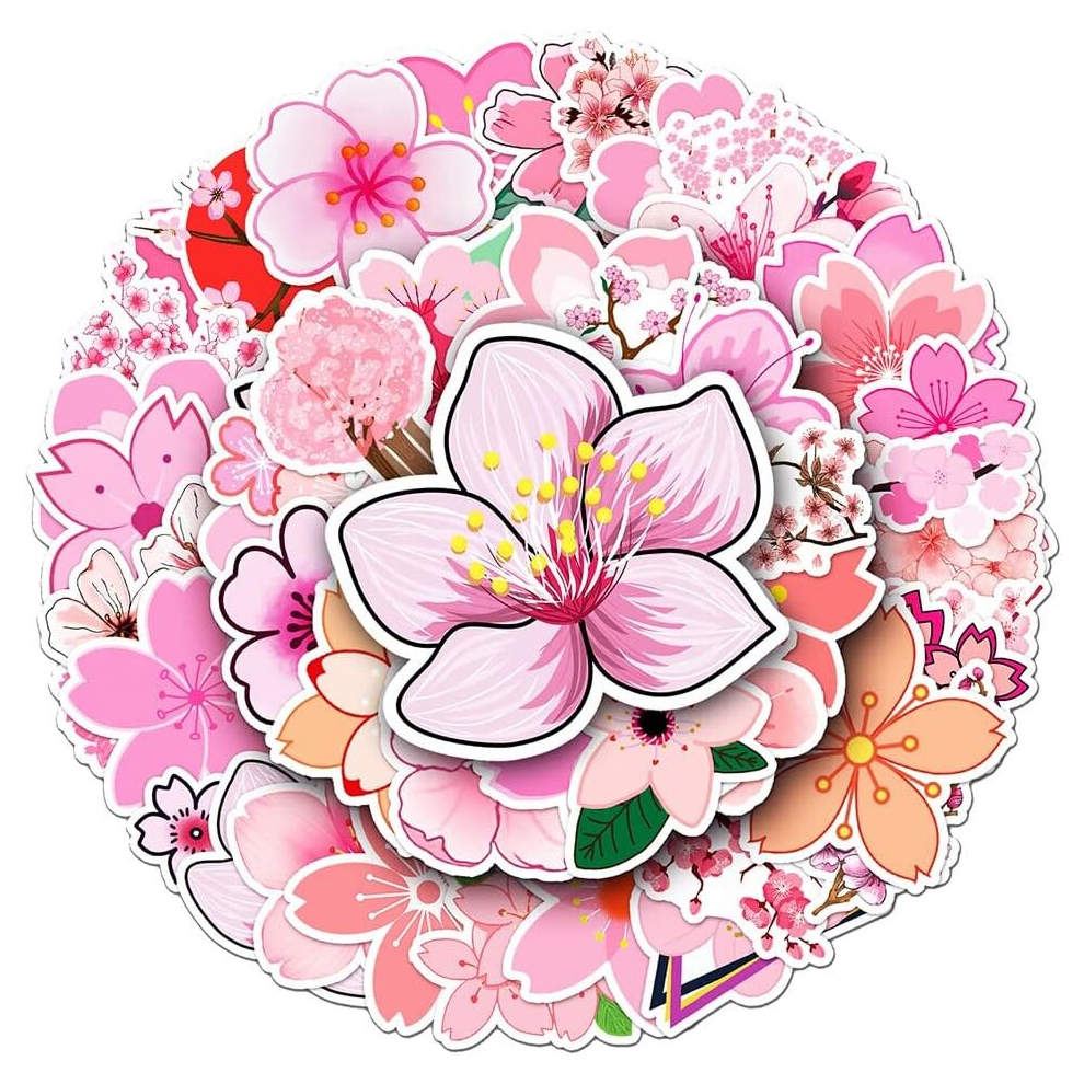 Vibrant Sakura Vinyl Stickers,Aesthetic Waterproof Stickers for  Water Bottle Tablet Scrapbook Cup Bike Phone Car, Vivid Flowers Stickers[50Pcs]