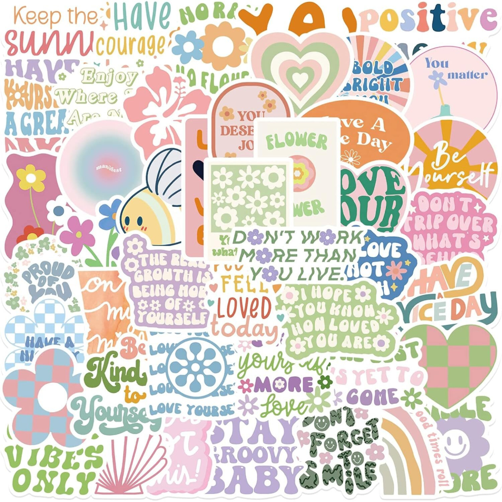 Cute Preppy Stickers 50 Pcs,Pastel Inspirational Vinyl Waterproof Aesthetic Motivational Stickers for Water Bottles Laptop Phone Computer Guitar