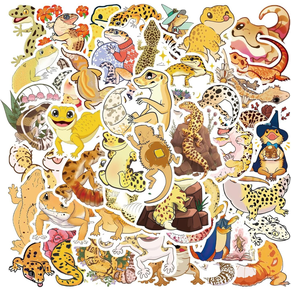 Tianci Cute Gecko Lizard Stickers,50Pcs Vinyl Gekko Kids Stickers For Water Bottles Laptop Scrapbooking Yellow