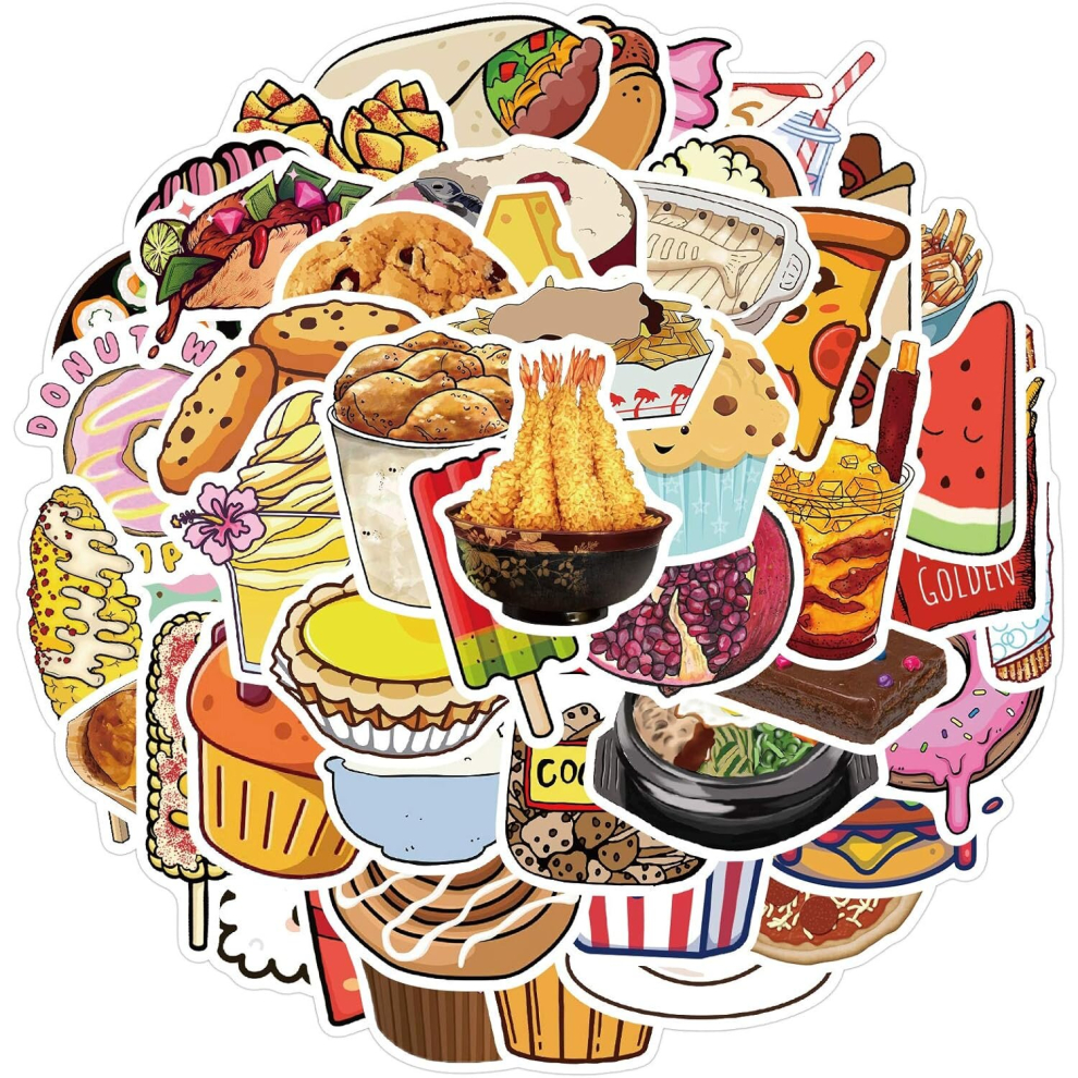 100Pcs Food Stickers Fast Food Fried Chicken Hamburger Dessert Vinyl Waterproof Stickers for Teens Adults for Loptop Water Bottles Skateboard Phone