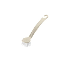 Addis Round Pot Dish Brush Linen (510289) - small head, built-in scraper, BPA-free plastic, hanging hook; versatile for pots, cups and grout
